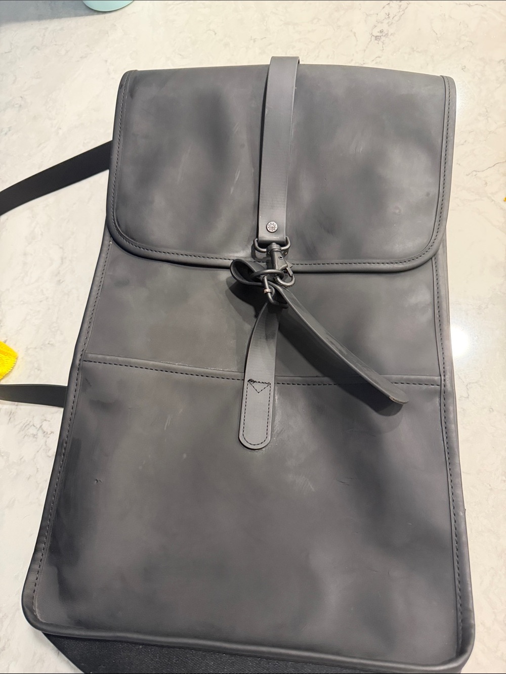 Rains Black Gloss Leather-Effect Men's Backpack with Strap Detail